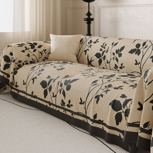 Jeté de Canapé Motif Feuillage Noir sur Beige